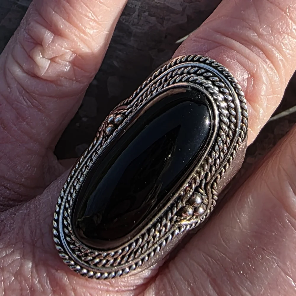 Long Black Onyx Boho Ring in 925 Sterling Silver (snug 9)